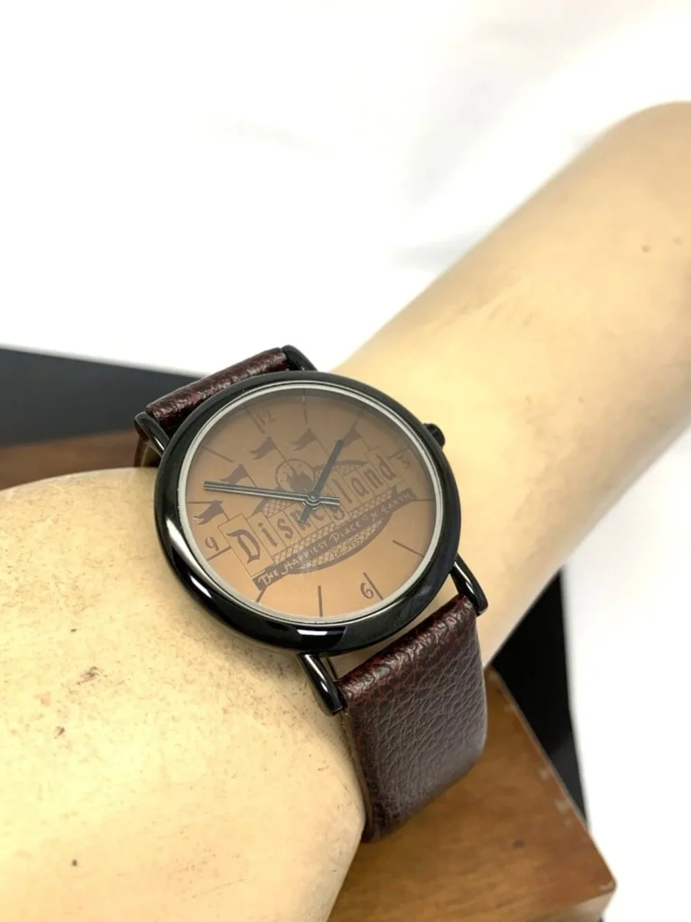 Disney Time Works Disneyland Unisex Watch Black Quartz Brown Leather Strap 34mm